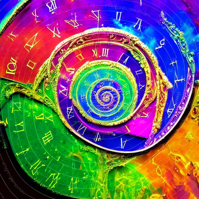 Colorful Spiral Clock with Roman Numerals in Purple, Green, and Gold