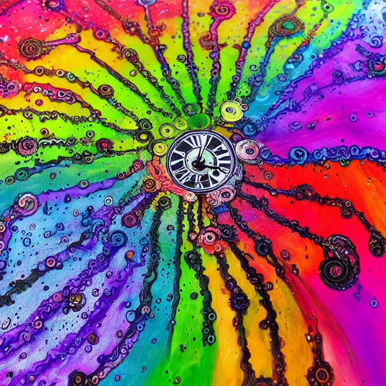 Colorful Swirl Pattern with Clock Face in Rainbow Hues