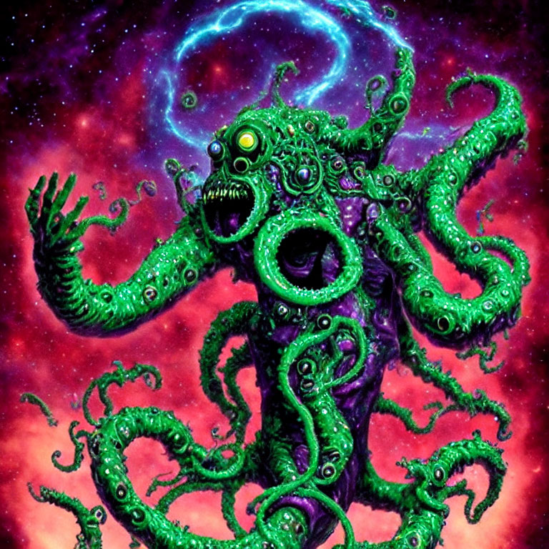 Colorful tentacled creature in cosmic scene with purple nebula and blue ring