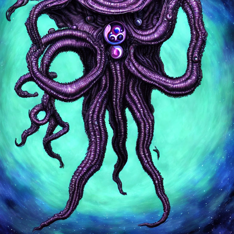 Purple Octopus-Like Creature with Gem on Teal Background