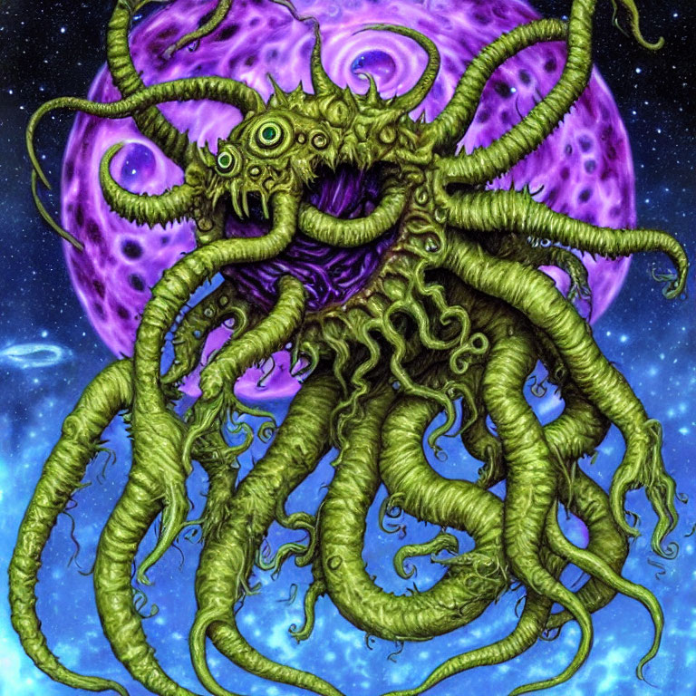 Cosmic entity with writhing tentacles and single eye in space scene