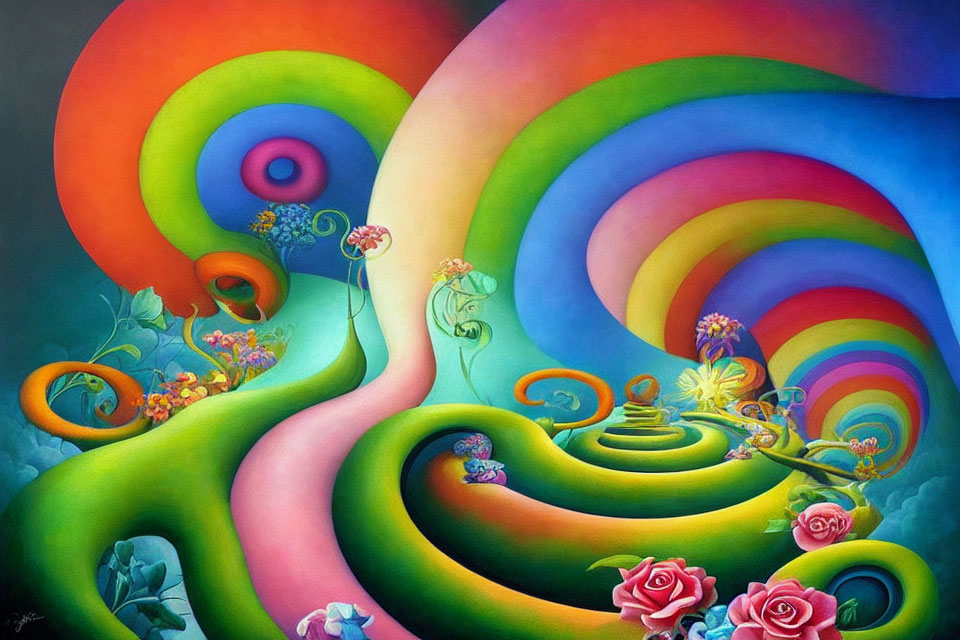 Colorful surreal painting with rainbow paths and whimsical hillside spiral