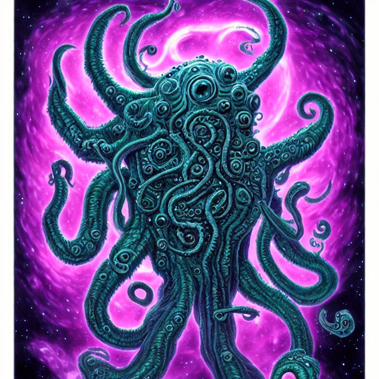 Teal octopus-like creature with swirling tentacles on cosmic purple background