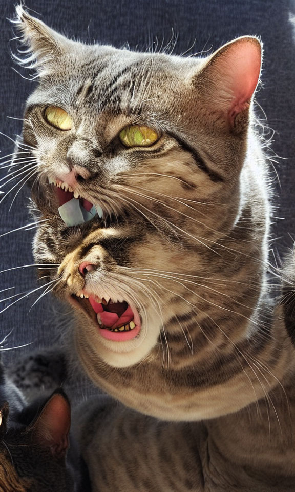 Striped cat with open mouth and yellow eyes in close-up view