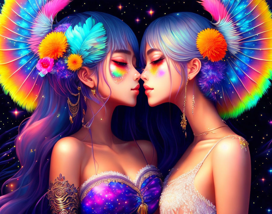 Colorful characters in ornate attire against cosmic background with vibrant wings