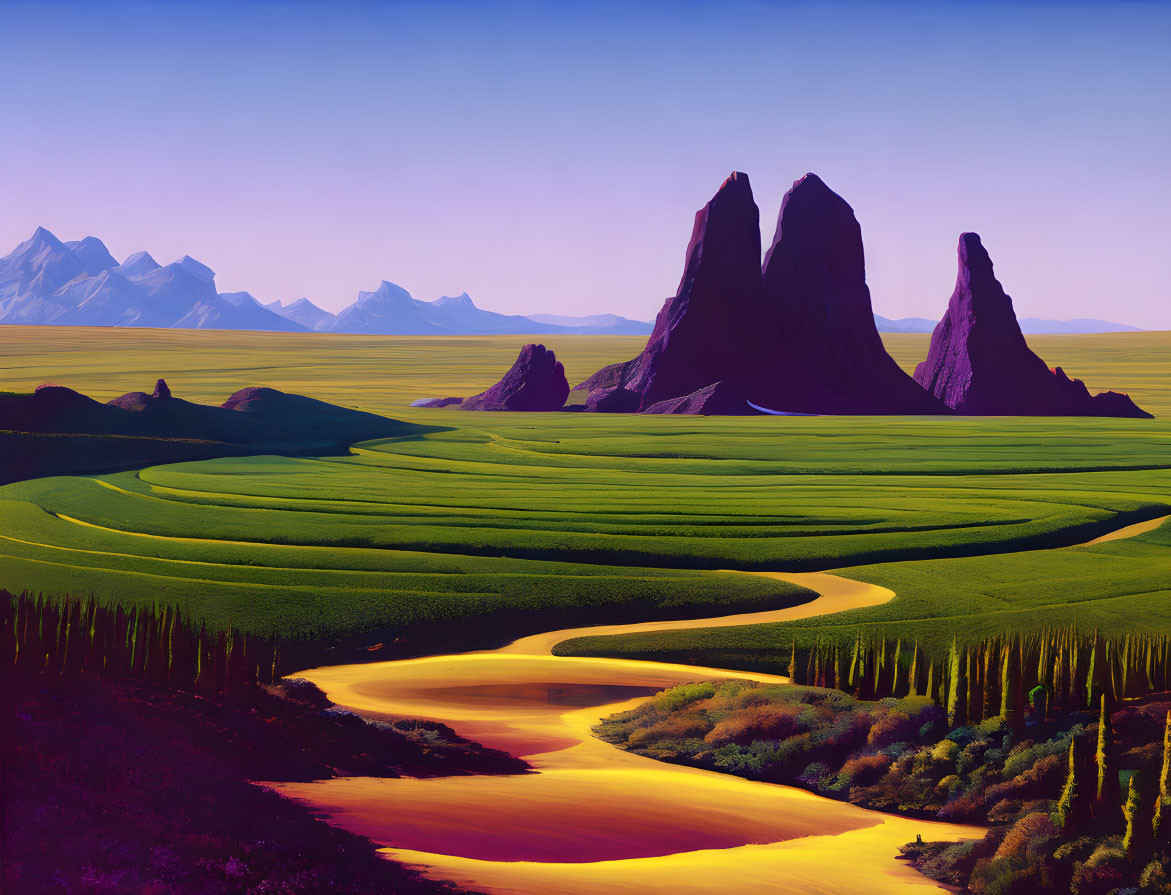 Surreal landscape with golden river, green plains, and purple sky