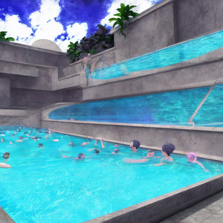 Multiple People Swimming in Multi-Level Outdoor Pool with Clear Blue Water