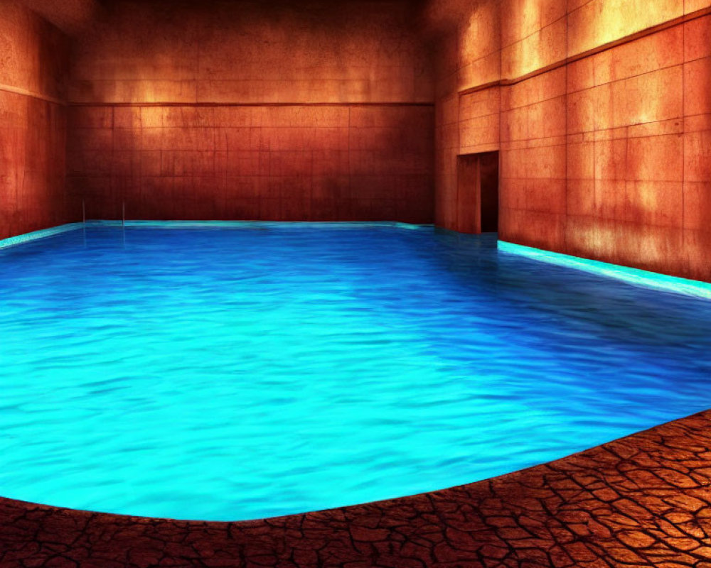 Tranquil Indoor Pool with Blue Water and Warm Red-Brown Decor