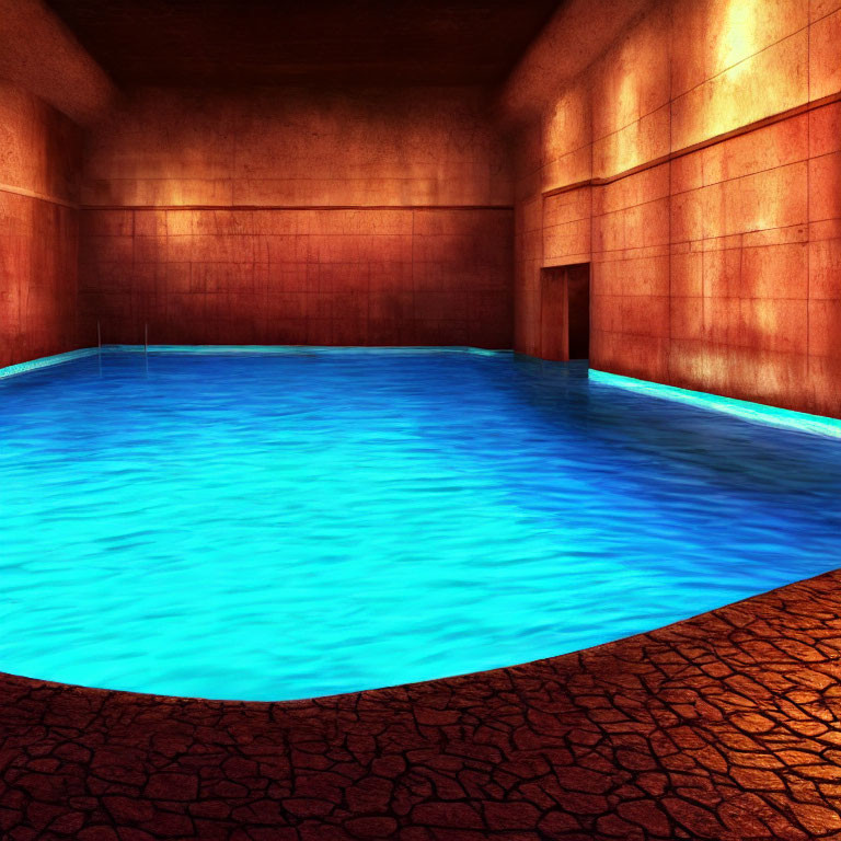 Tranquil Indoor Pool with Blue Water and Warm Red-Brown Decor