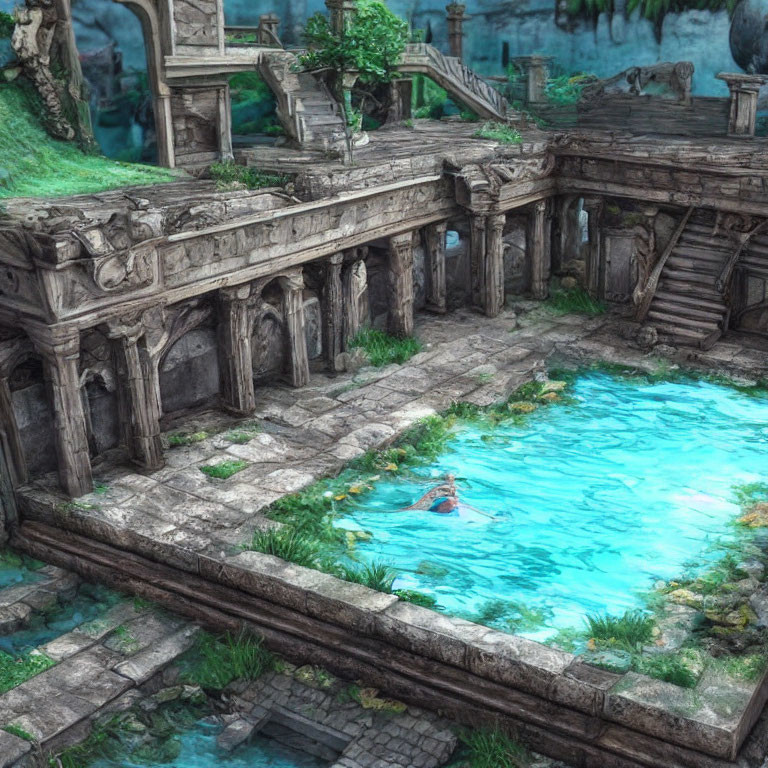 Swimming in serene blue pool amidst ancient ruins and greenery