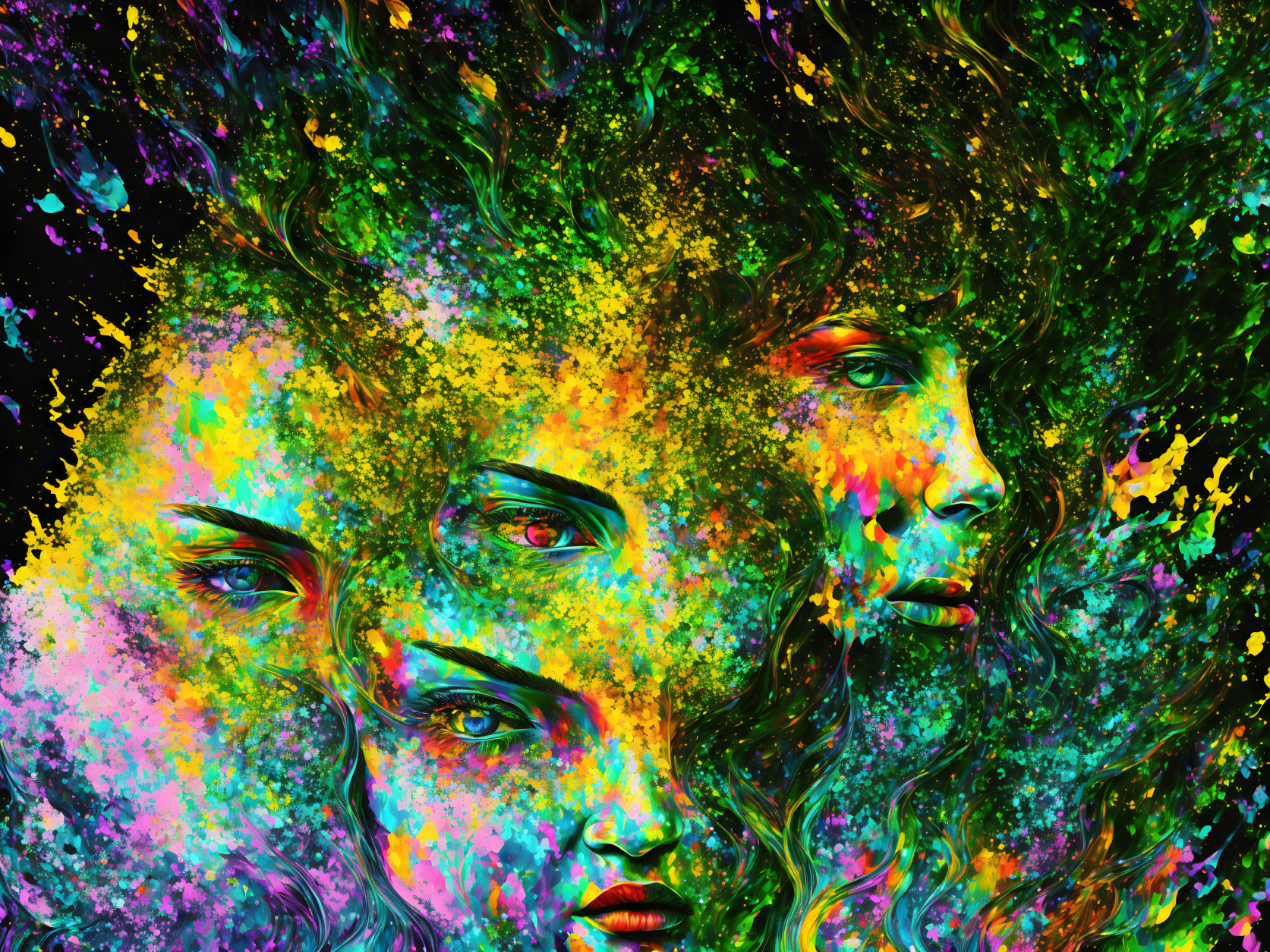 Colorful Psychedelic Women's Faces Merge in Abstract Splash Background