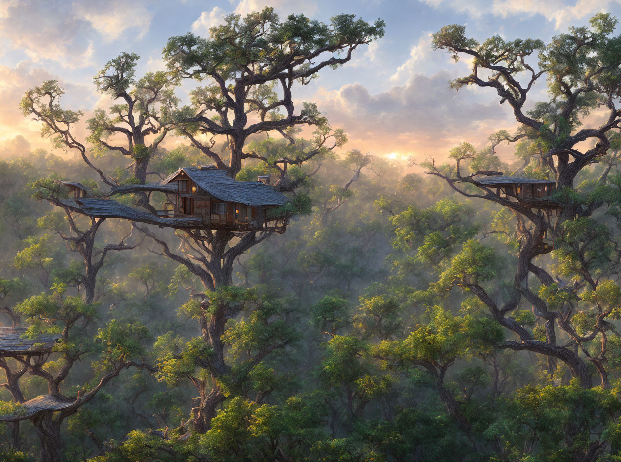 Lush canopy treehouses at sunrise