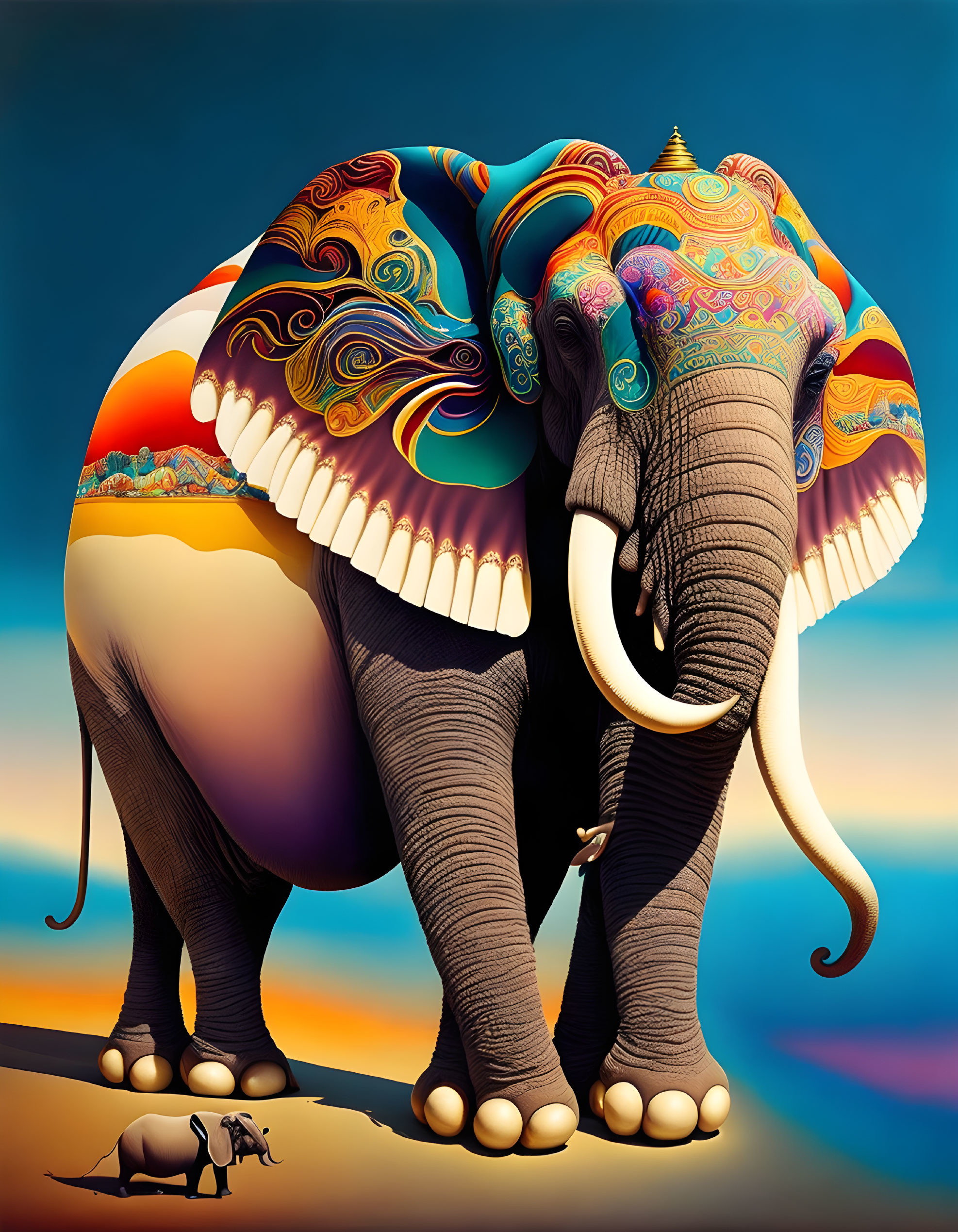 Ornate colorful elephants under surreal sky