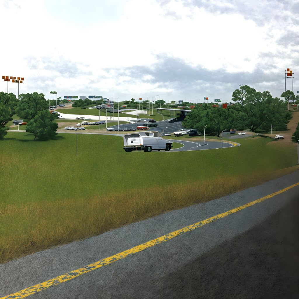 Semi-truck exiting highway near gas station under overcast sky