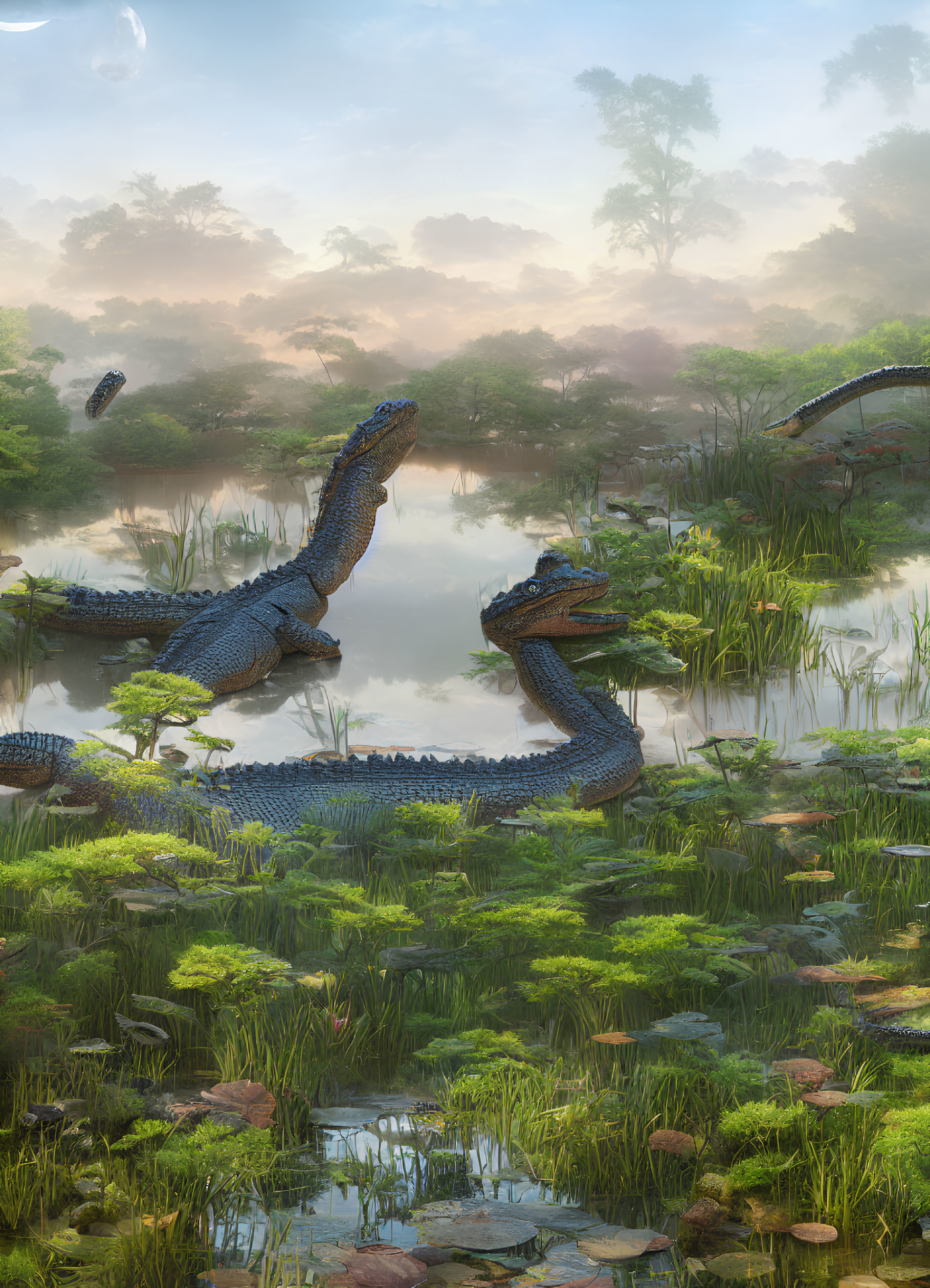 Prehistoric scene: Two large dinosaurs near misty water and lush greenery