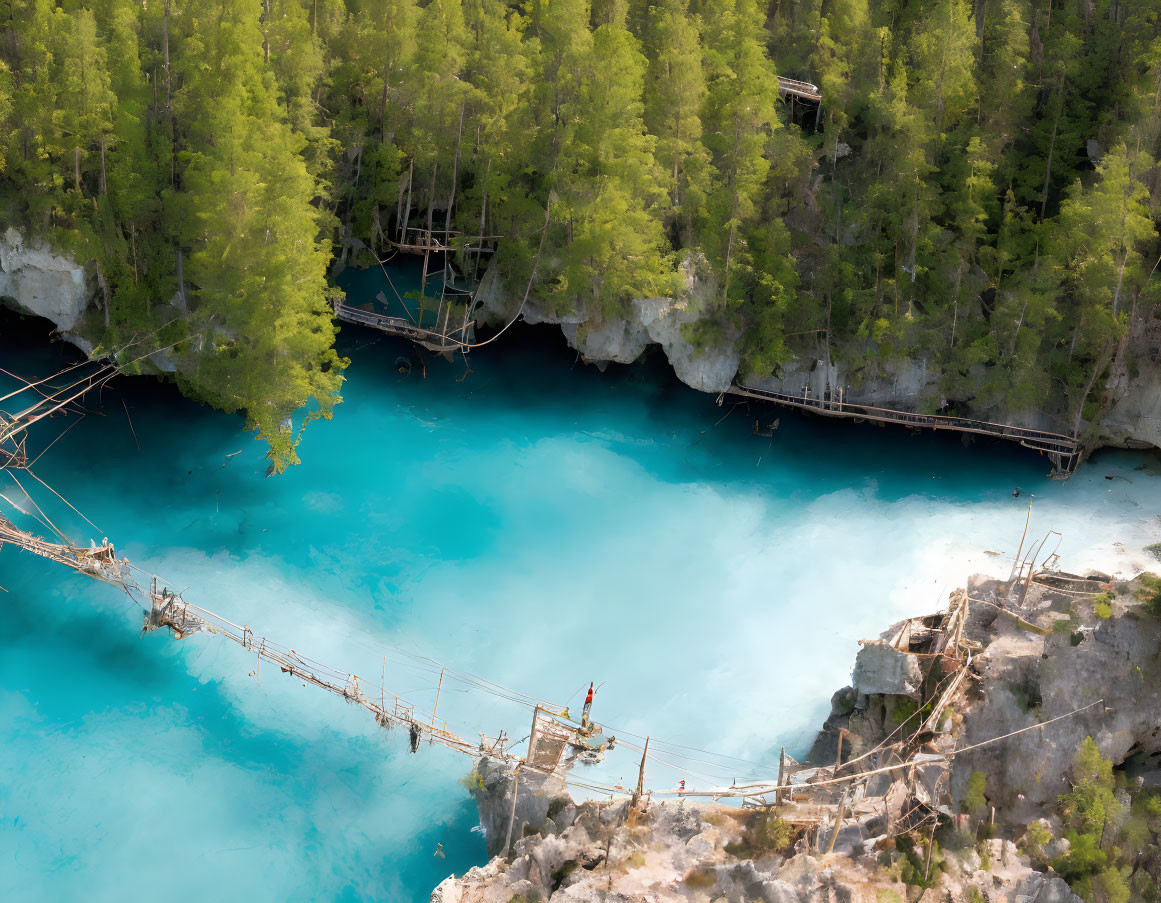 Natural sinkhole with turquoise water, cliffs, forest, bridges, and platforms.