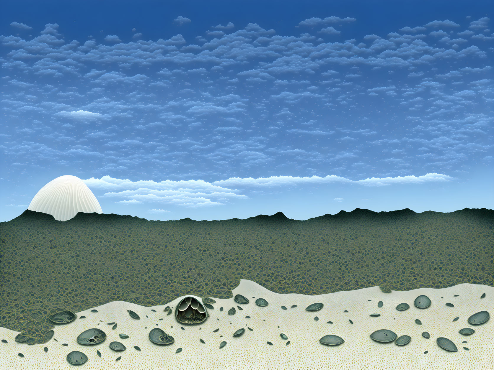 Desert landscape with green dunes, patterned sky, stones, and white dome