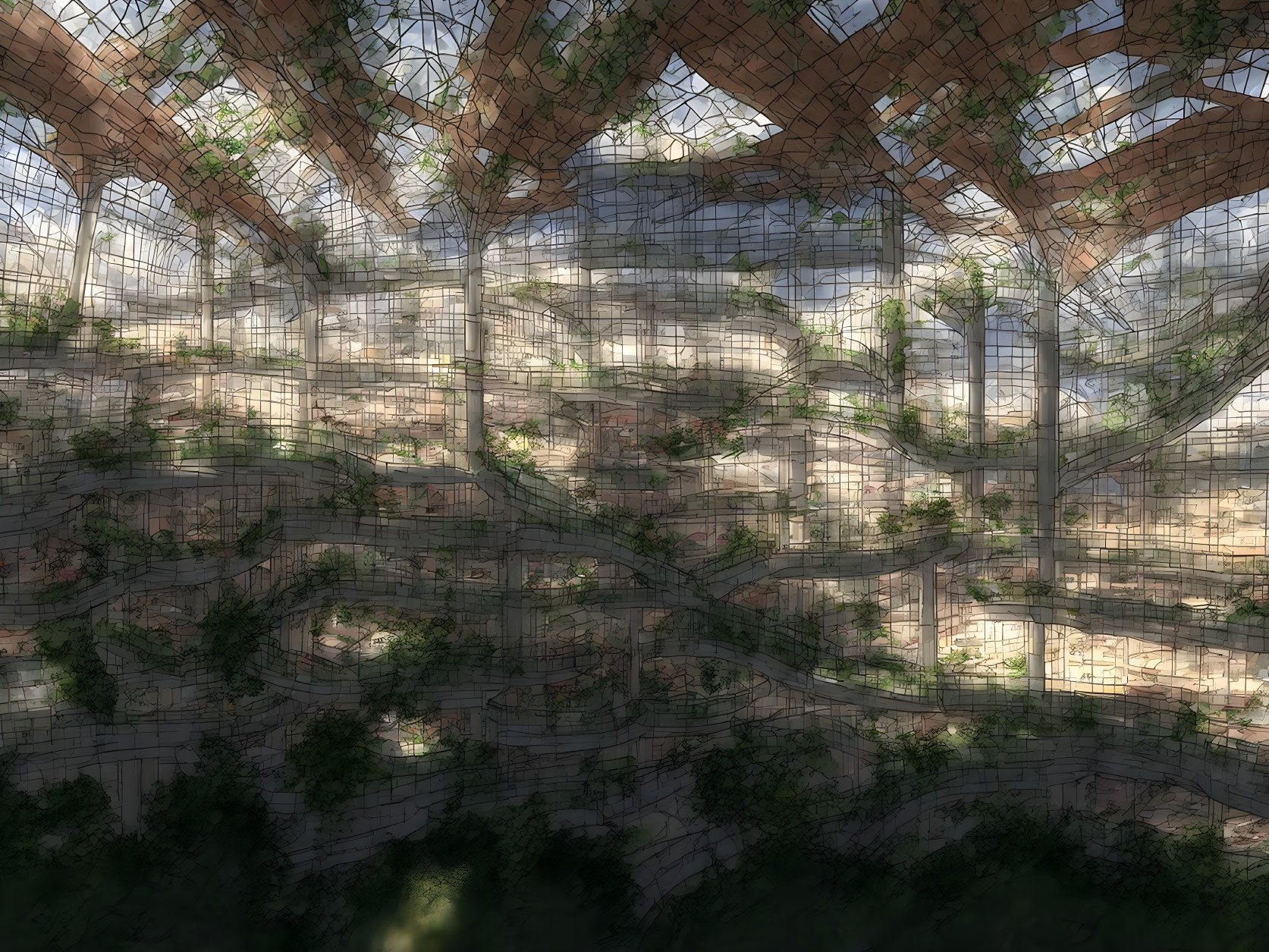 Interwoven Pathways and Greenery Under Dome-Like Structure