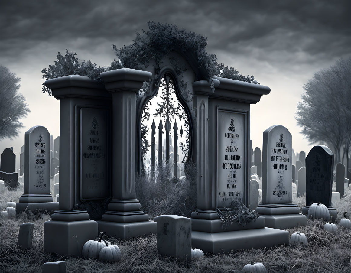 Monochrome spooky graveyard with tombstones and pumpkins