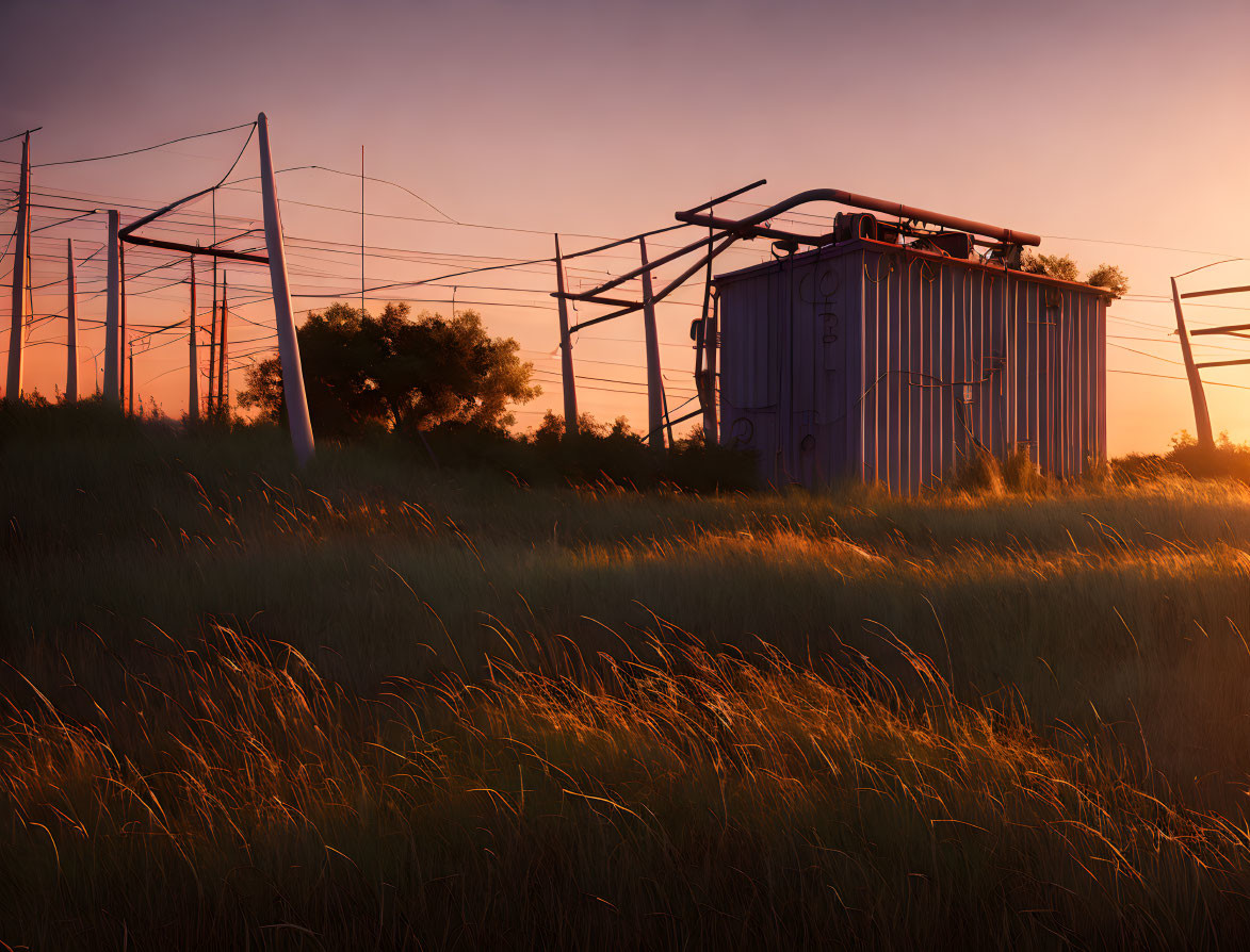 Rustic industrial structure and tall grasses under sunset sky