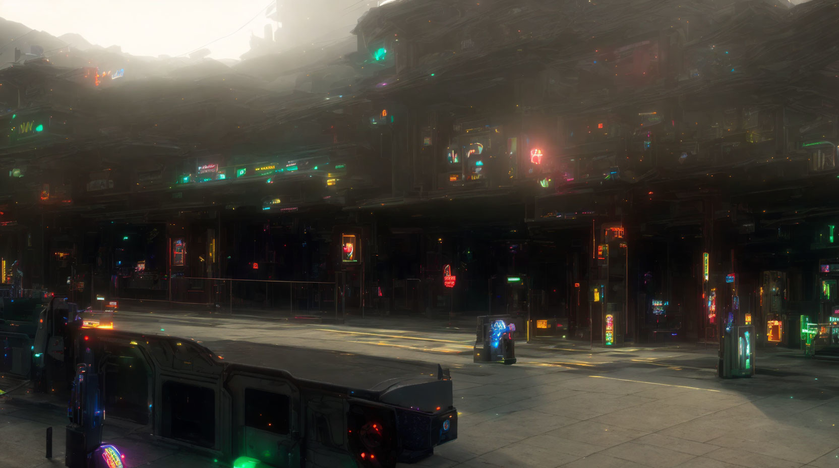 Futuristic city street with neon signs and autonomous vehicles