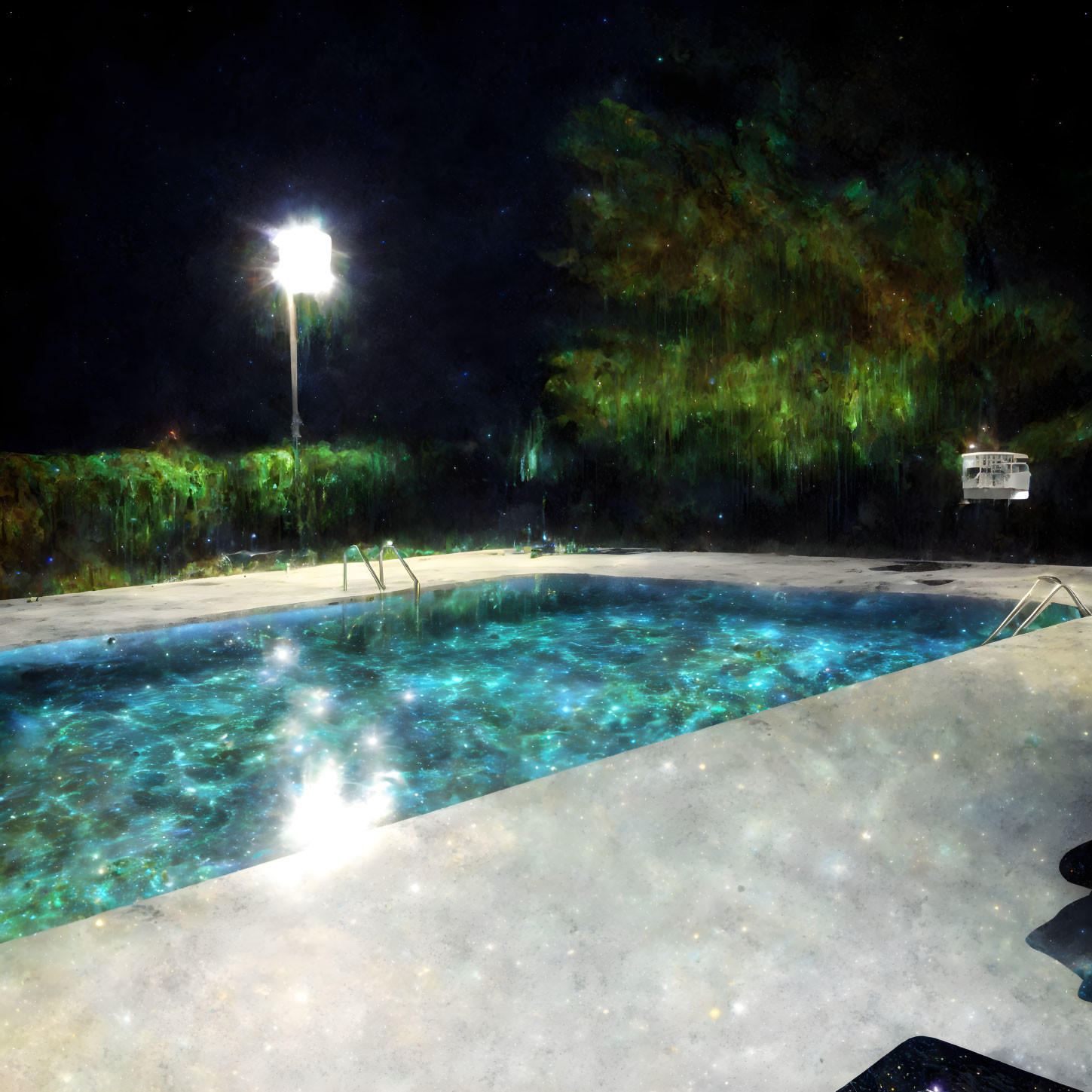 Tranquil outdoor pool at night with sparkling water and streetlamp glow