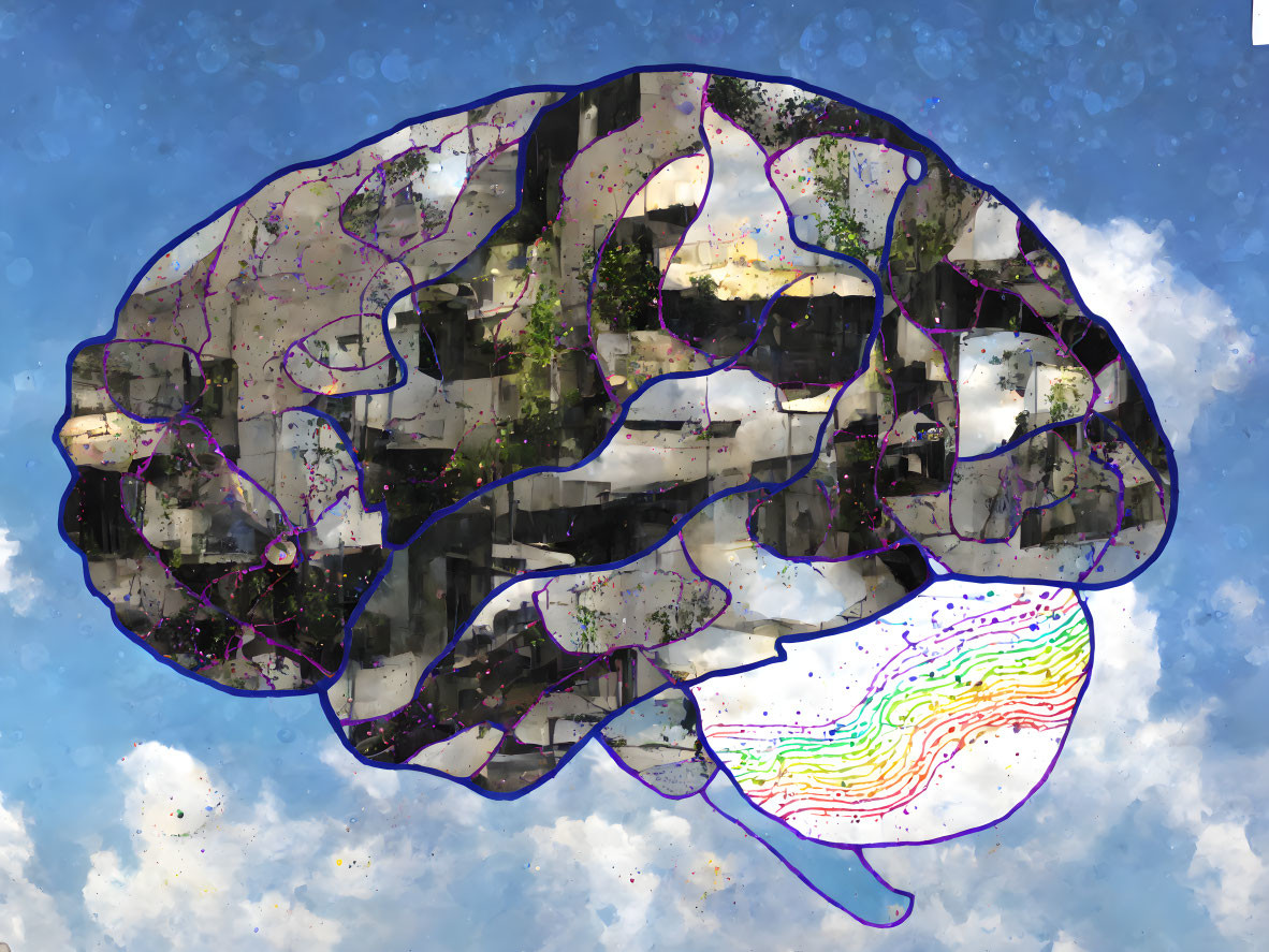 Transparent Brain Artwork Over Blue Sky with Clouds and Multicolored Wave