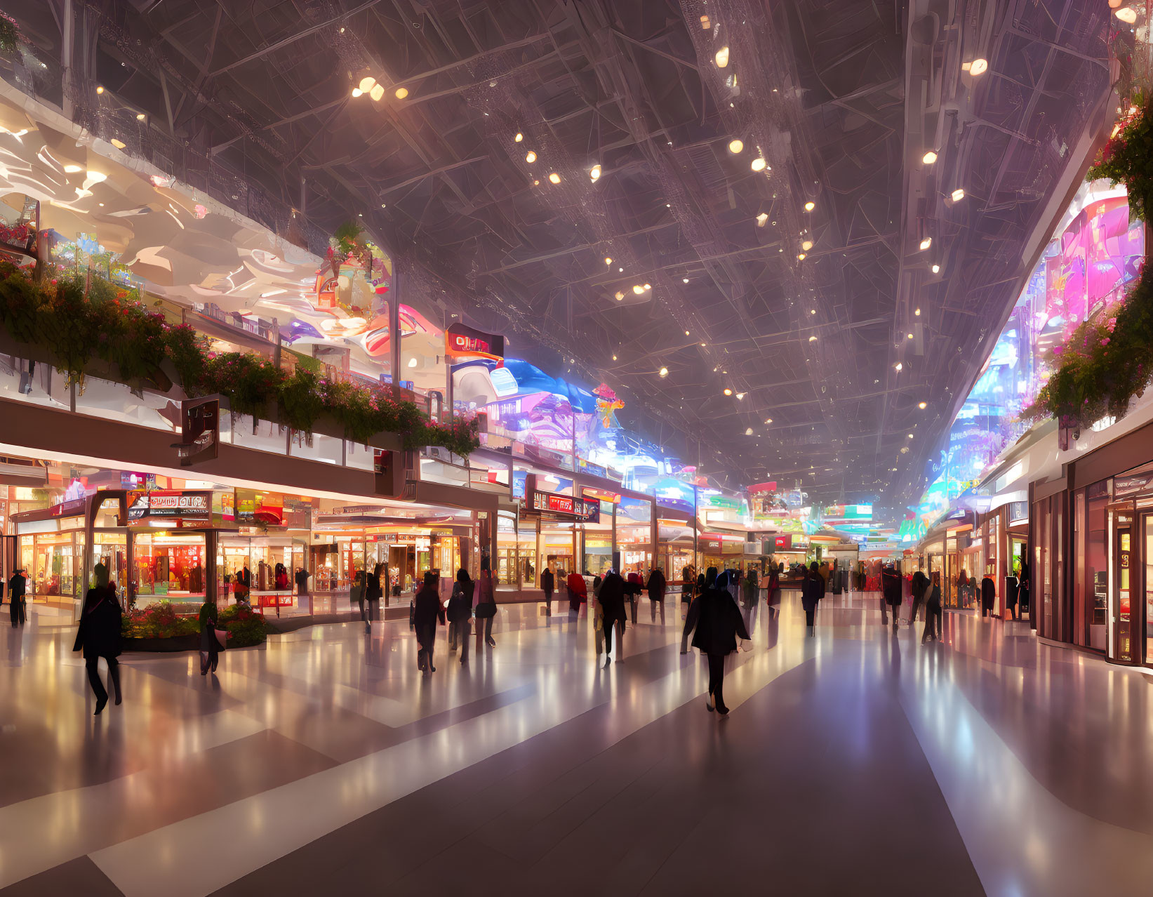 Indoor shopping mall with neon signage, shoppers, and vibrant storefronts