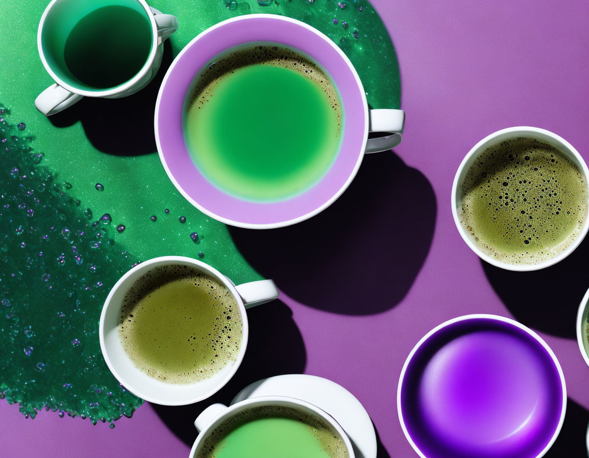 Vibrant green liquid cups on purple surface