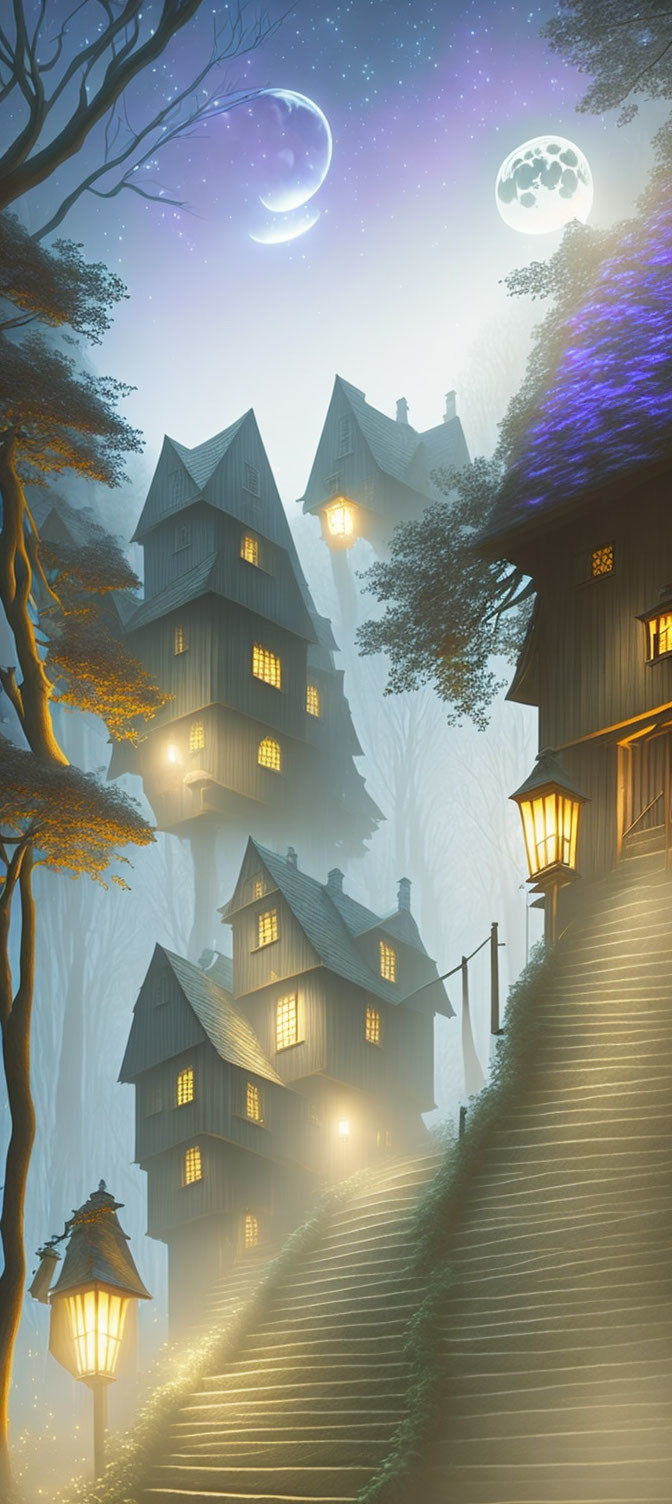 Enchanting village with towering houses under two moons