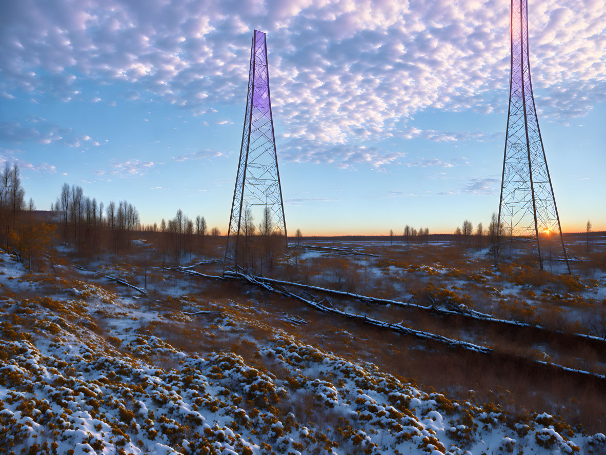 Snowy landscape at sunrise with twin transmission towers and creek among bare trees