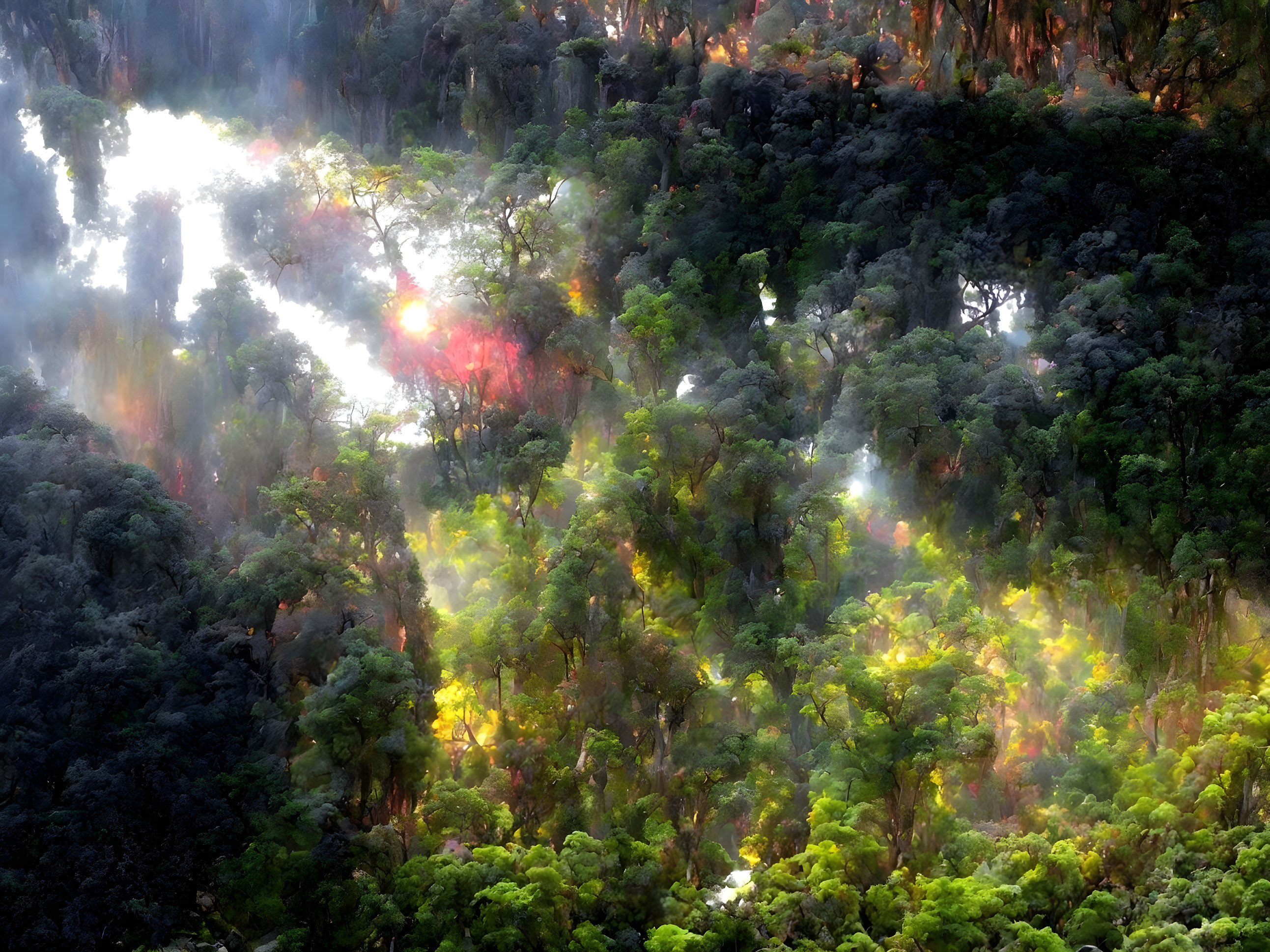 Misty forest scene with sunlight highlighting lush green foliage