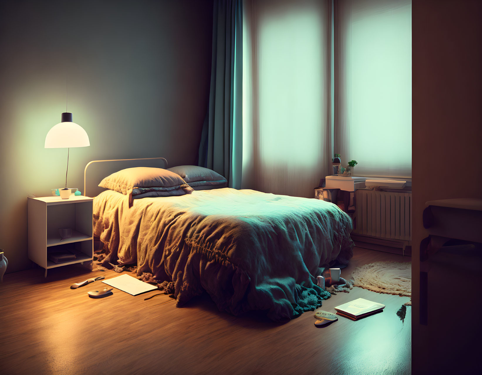 Nighttime bedroom with lamp, messy bed, books, and curtains