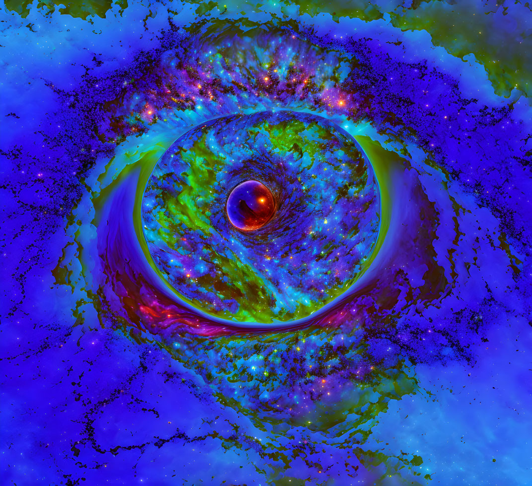 Colorful swirling galaxy with bright center and orb in blue, green, and purple.