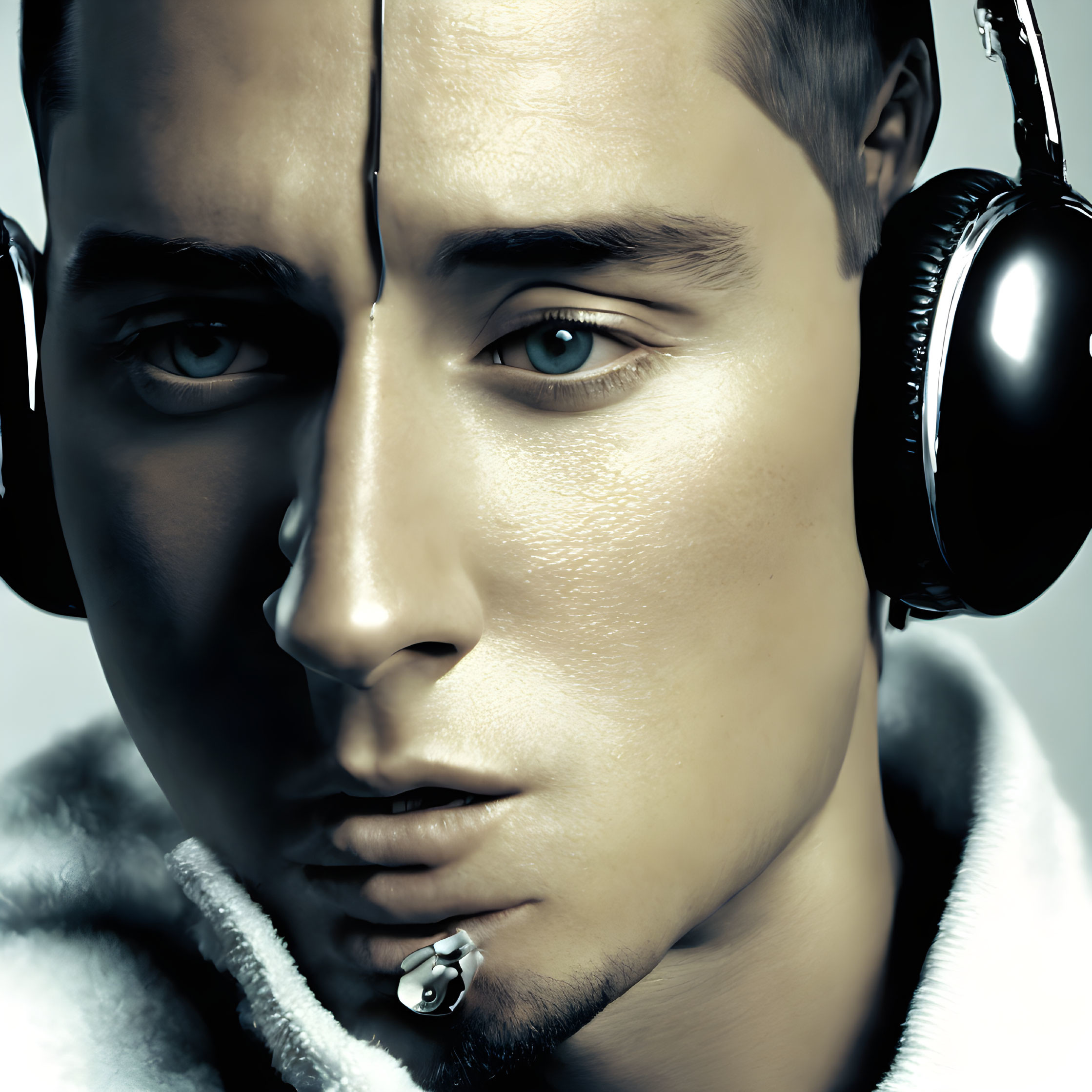 Detailed digital portrait of person with headphones and blue eyes