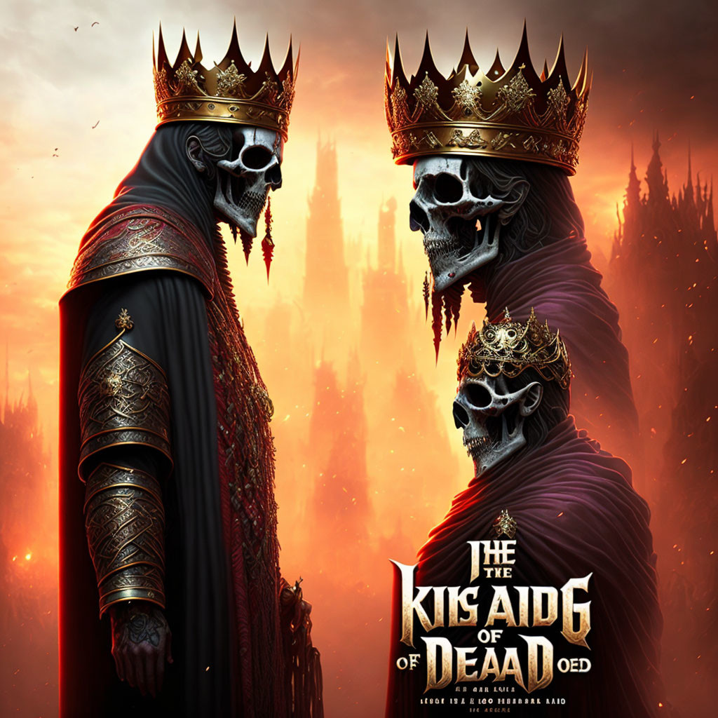 Skeletal figures in regal attire with crowns at fiery castle