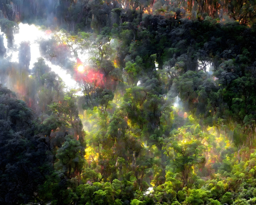 Misty forest scene with sunlight highlighting lush green foliage