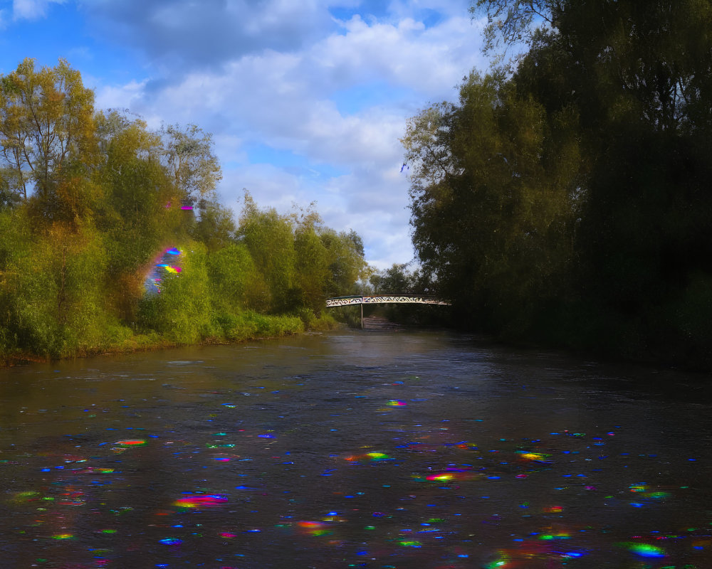 Scenic river landscape with rainbow light spots and lush greenery