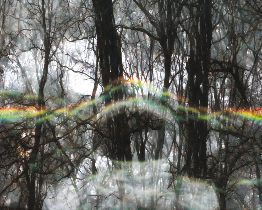 Misty forest with diffraction patterns creating rainbow effect