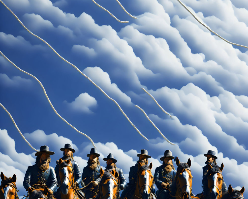 Surreal cowboy riders on chestnut horses stacking into the sky