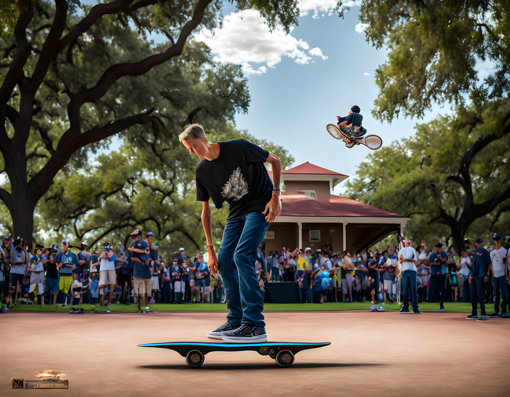 Skateboarder and cyclist performing stunts in front of a crowd