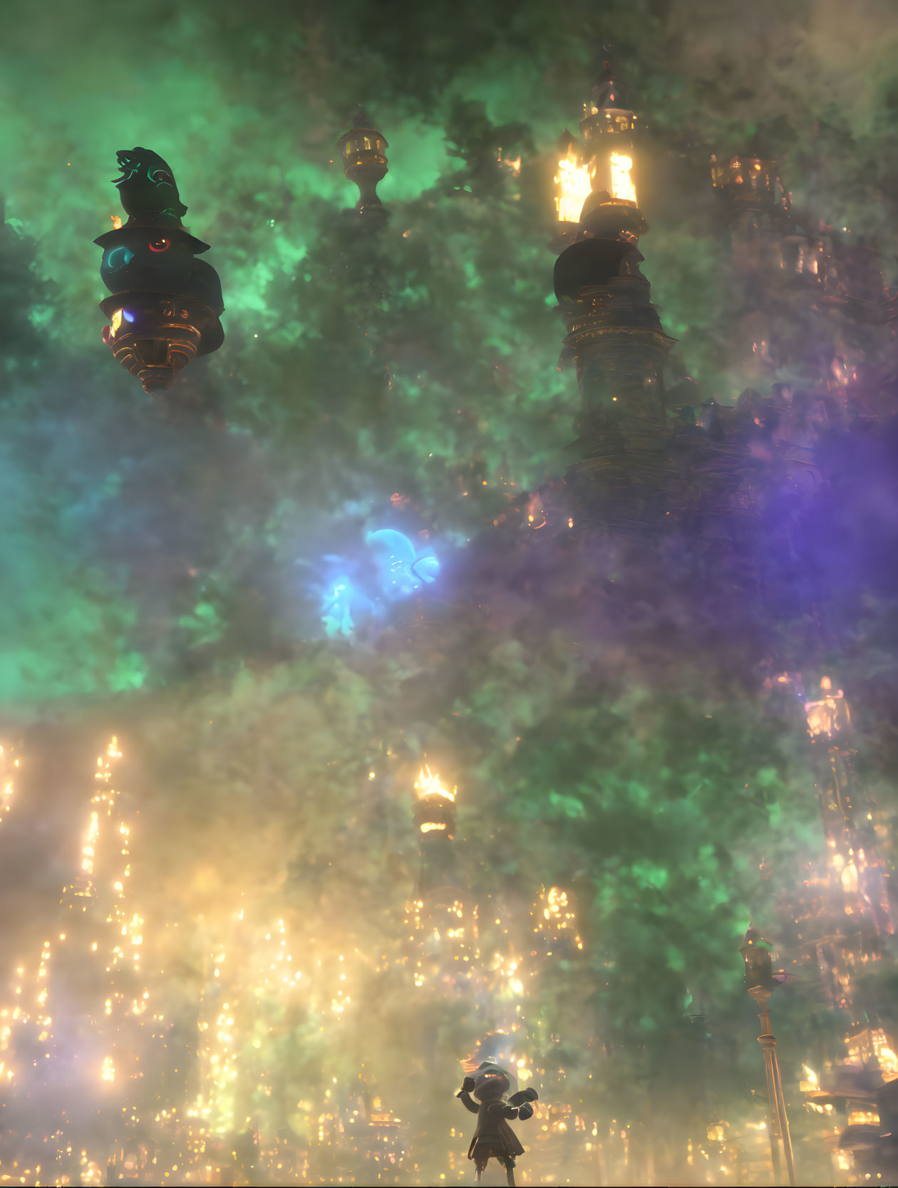 Fantastical cityscape at night with golden light, misty spires, and blue flying creature