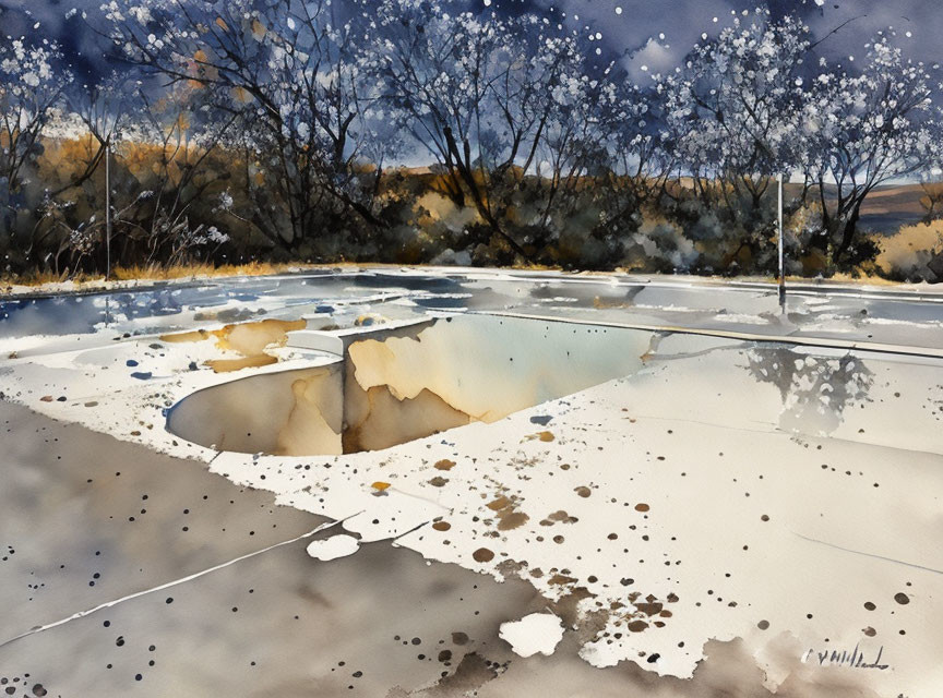 Winter Landscape Watercolor Painting with Snow-Covered Ground and Icy Pond