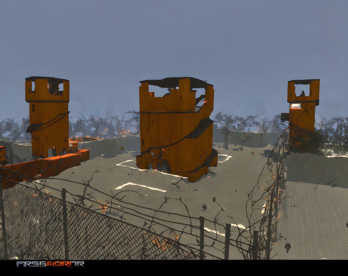 Nighttime screenshot: Dilapidated guard towers with orange lighting in desert environment.