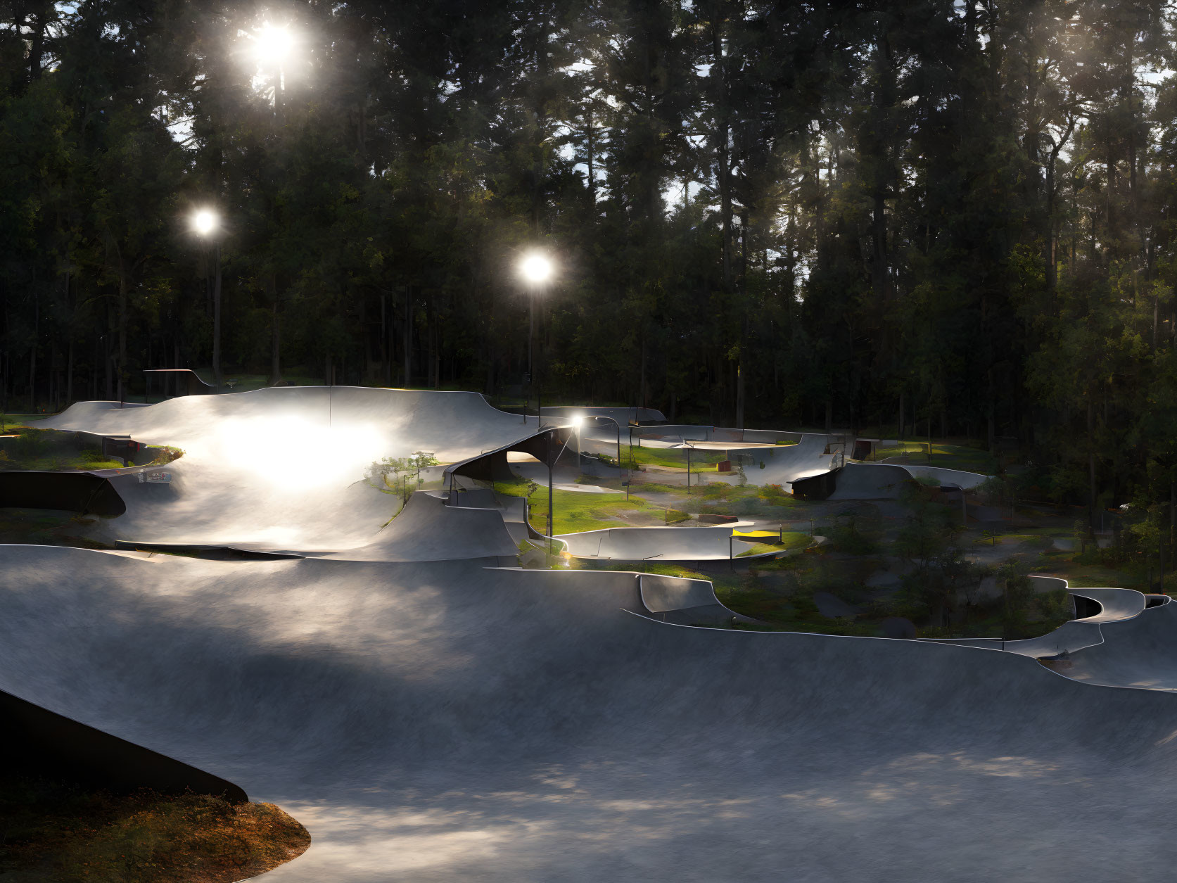 Skatepark at Dusk with Illuminated Ramps and Rails