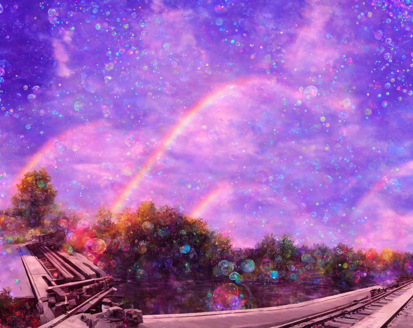 Double rainbow and bubbles in dreamy landscape with forest and railroad track