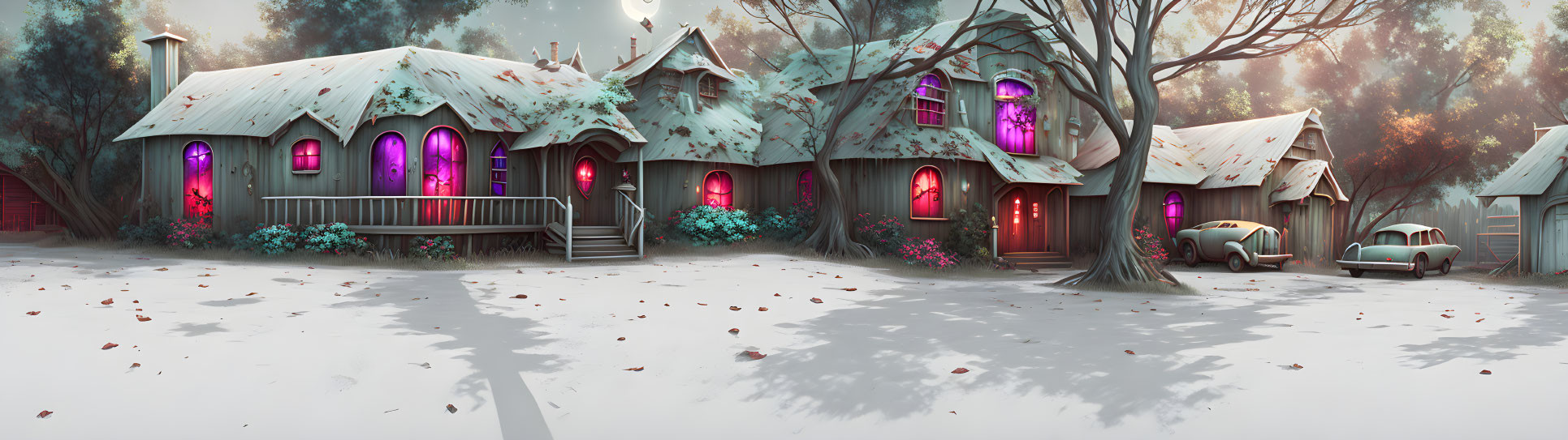 Whimsical Fantasy Village with Pink Glowing Windows