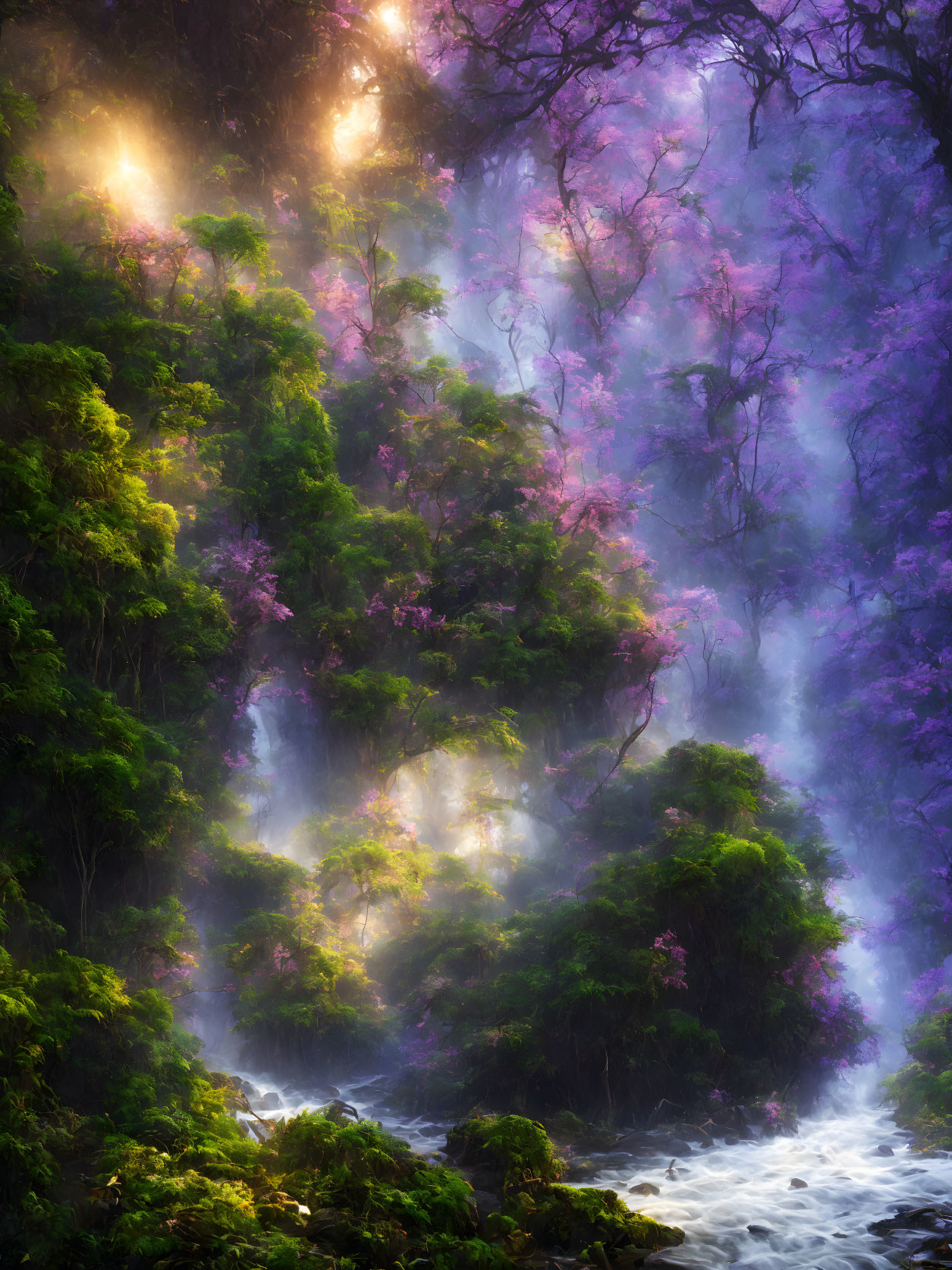 Sunlight through mist and pink blossoms by flowing river