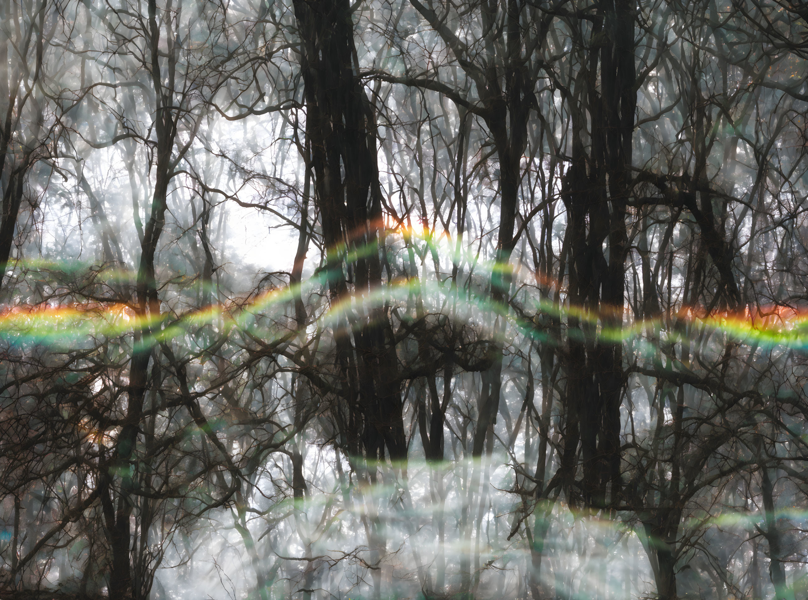 Misty forest with diffraction patterns creating rainbow effect