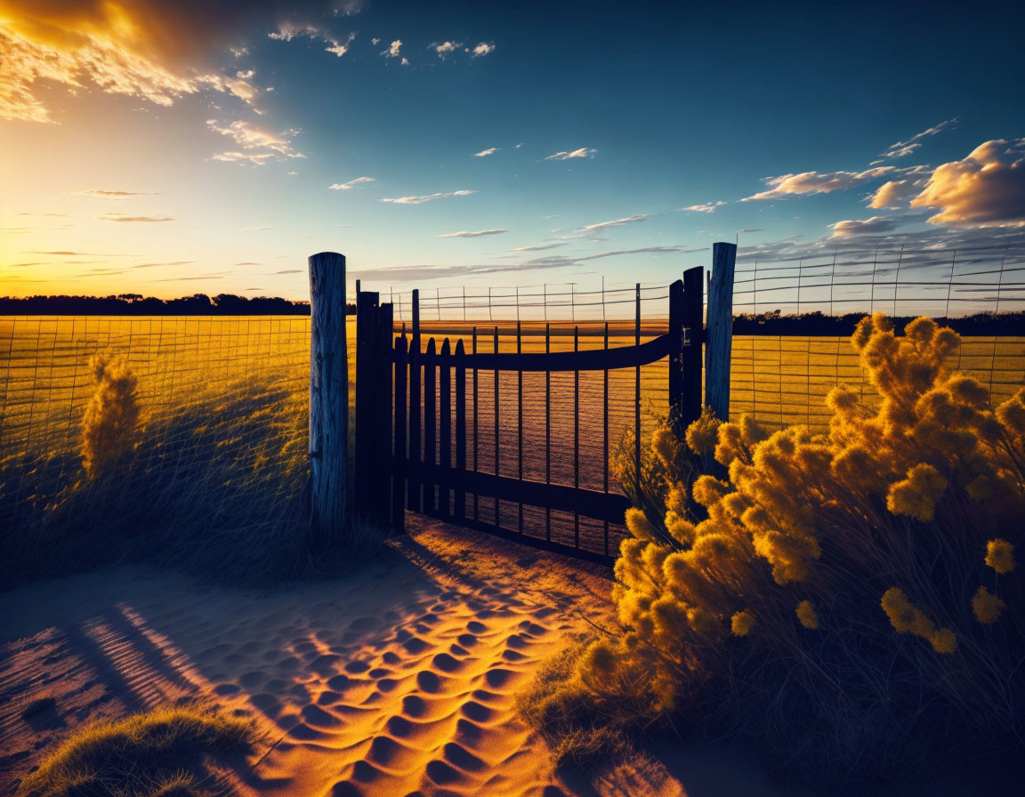 Rustic gate in sandy terrain with yellow shrubs under dramatic sunset.